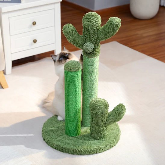 Griffoir pour chat en forme de cactus avec plusieurs poteaux verts sur une base ronde dans un salon
