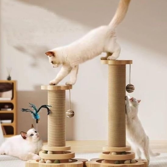 Trois chats jouant autour de deux griffoirs chat avec poteaux en sisal et balles suspendues
