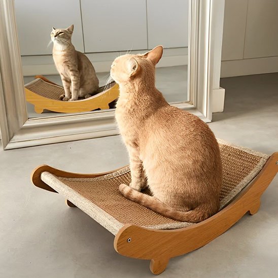 chat roux assis sur un griffoir chat design en bois avec surface en sisal devant un miroir