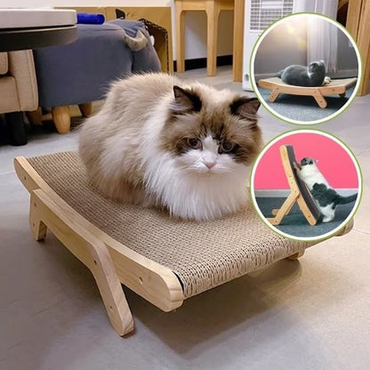Chat reposant sur un griffoir incliné en bois