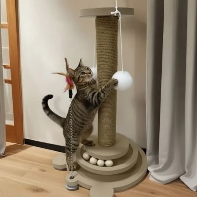 Chat tigré jouant avec les balles suspendues et les plumes d'un griffoir à poteau en sisal