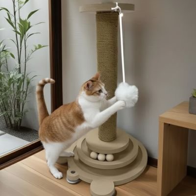 Chat roux faisant ses griffes sur un griffoir à poteau en sisal avec balle suspendue
