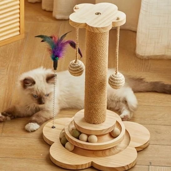 Chat couché près d’un griffoir chat avec poteau en sisal base en bois et jouets suspendus

