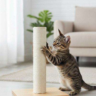Chat tigré en train de griffer un poteau en sisal monté sur une base en bois dans un salon clair
