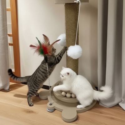 Deux chats jouant sur un griffoir à poteau en sisal avec balles suspendues