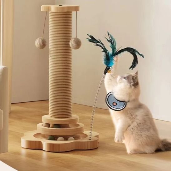 Chat clair jouant avec des plumes suspendues sur un griffoir chat en bois avec poteau en sisal
