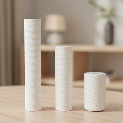 Trois poteaux griffoir en sisal de différentes hauteurs présentés sur une table en bois
