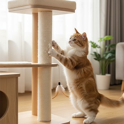 Chat roux debout qui griffe un poteau en sisal naturel intégré à un griffoir design dans un salon lumineux
