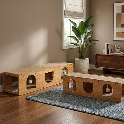 griffoir chat tunnel en bois dans un salon moderne