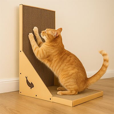 griffoir en carton pour chat roux content