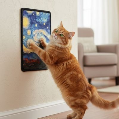Chat roux utilisant un griffoir mural pour chat avec motif artistique fixé au mur dans un salon
