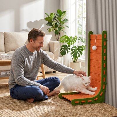 Chat blanc utilisant un griffoir mural vertical avec balle suspendue