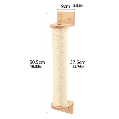 Griffoir mural pour chat avec colonne verticale en sisal et support en bois affiche hauteur et dimensions en centimetres
