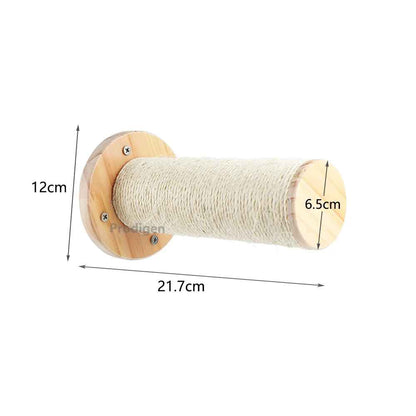 Griffoir mural pour chat en forme de cylindre en bois avec corde en sisal fixe au mur

