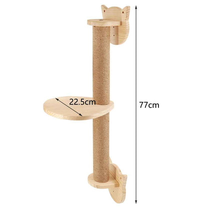 Poteau griffoir mural pour chat en bois avec plateforme circulaire et dimensions indiquées pour la fixation
