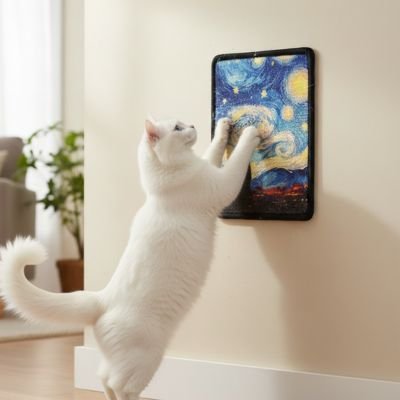 Chat utilisant le griffoir mural pour chat avec motif artistique fixé au mur