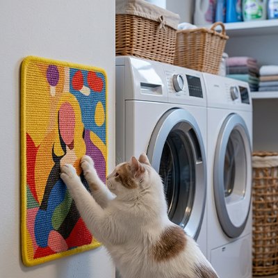 chat utilisant un griffoir mural en sisal pour faire ses griffes près d’une machine à laver