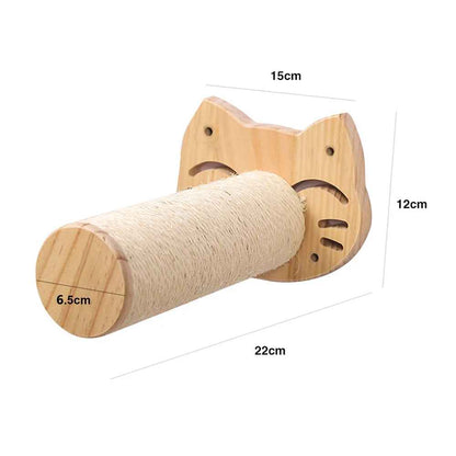 Griffoir mural pour chat en bois avec forme tete et cylindre en sisal avec dimensions 22 cm et 12 cm
