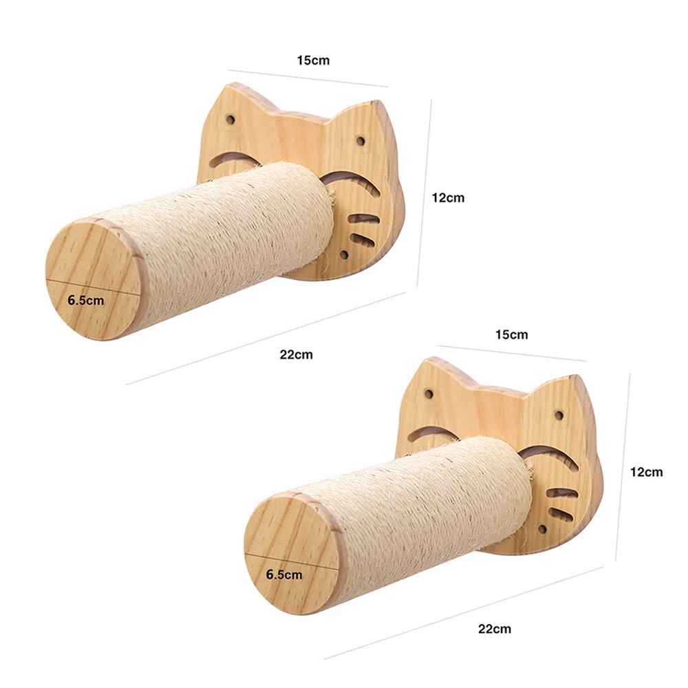Griffoir mural pour chat en bois avec tete et cylindre en sisal montre en double vue avec dimensions 22 cm et 12 cm
