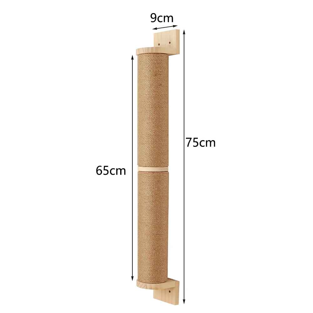 Poteau griffoir mural pour chat en bois avec corde en sisal et dimensions indiquées pour la fixation
