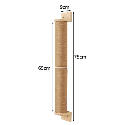 Poteau griffoir mural pour chat en bois avec corde en sisal et dimensions indiquées pour la fixation

