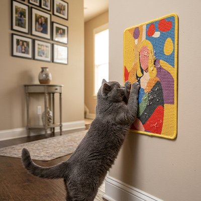 chat s’étirant sur un griffoir mural pour chat en sisal avec motif coloré