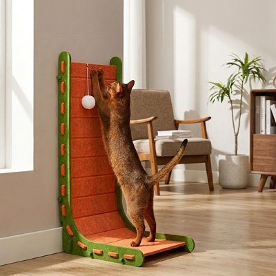 Chat faisant ses griffes sur un griffoir mural vertical avec balle suspendue