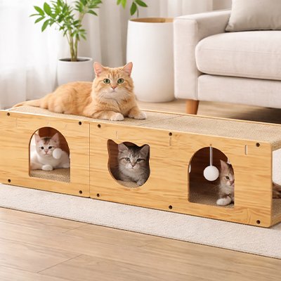 Quatre chats utilisant un griffoir tunnel en bois XL avec surface de griffage