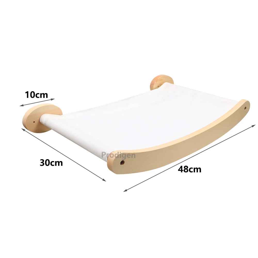 Hamac mural pour chat en bois avec toile blanche suspendue fixé au mur
