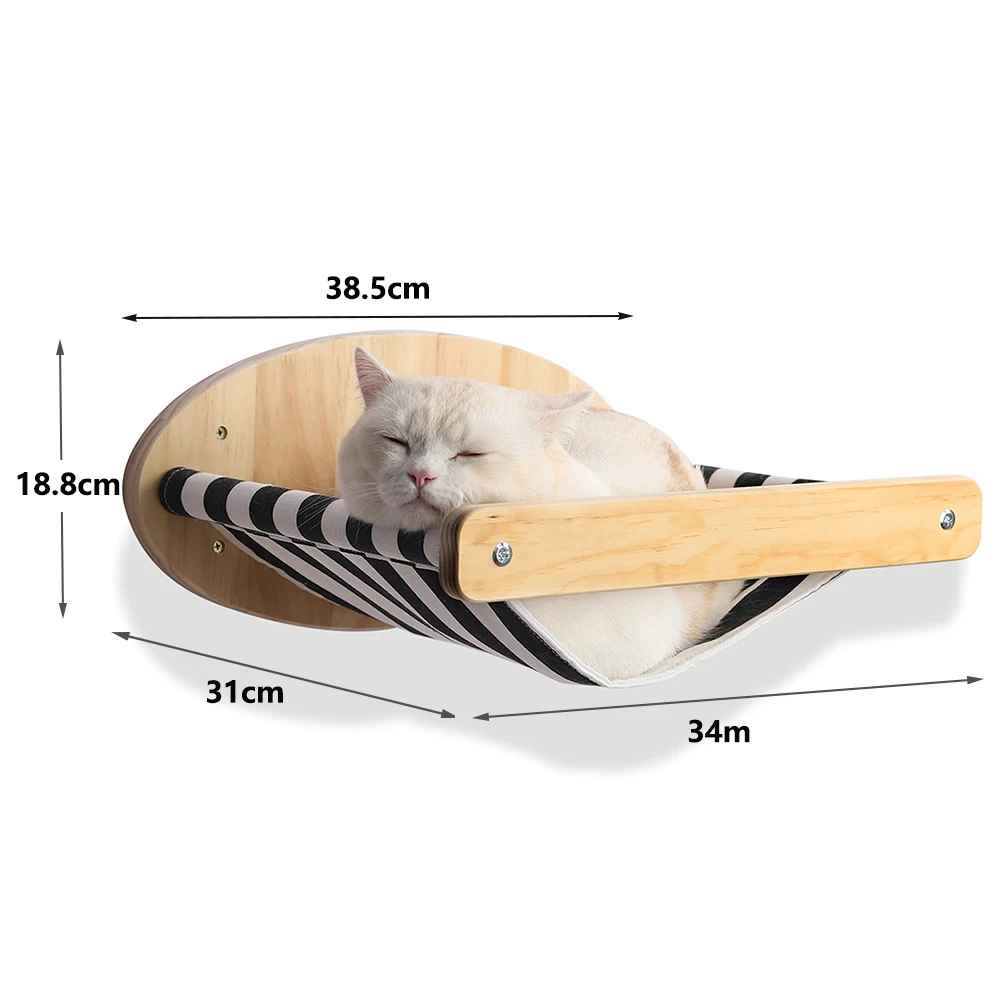 Hamac mural pour chat en bois avec tissu rayé suspendu fixé au mur
