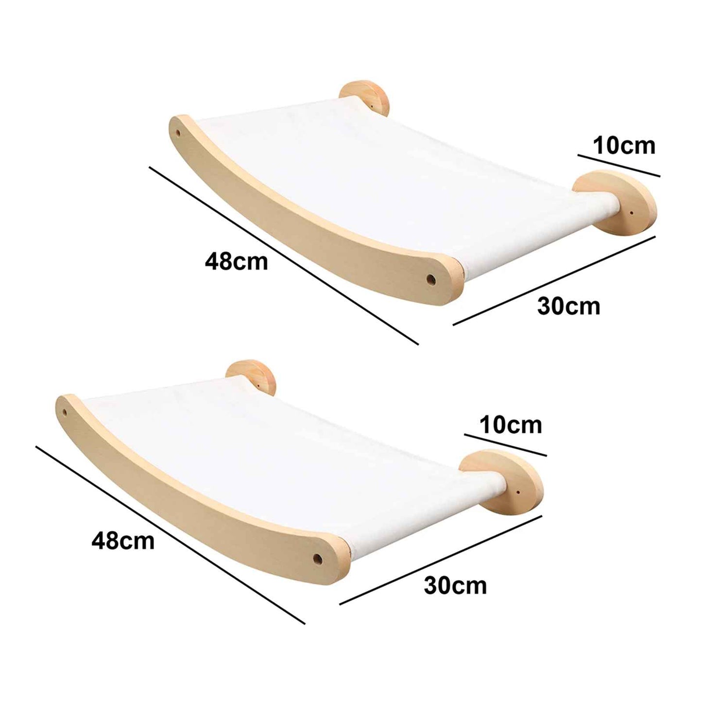 Hamac mural pour chat en bois avec toile tendue et dimensions indiquées pour la fixation
