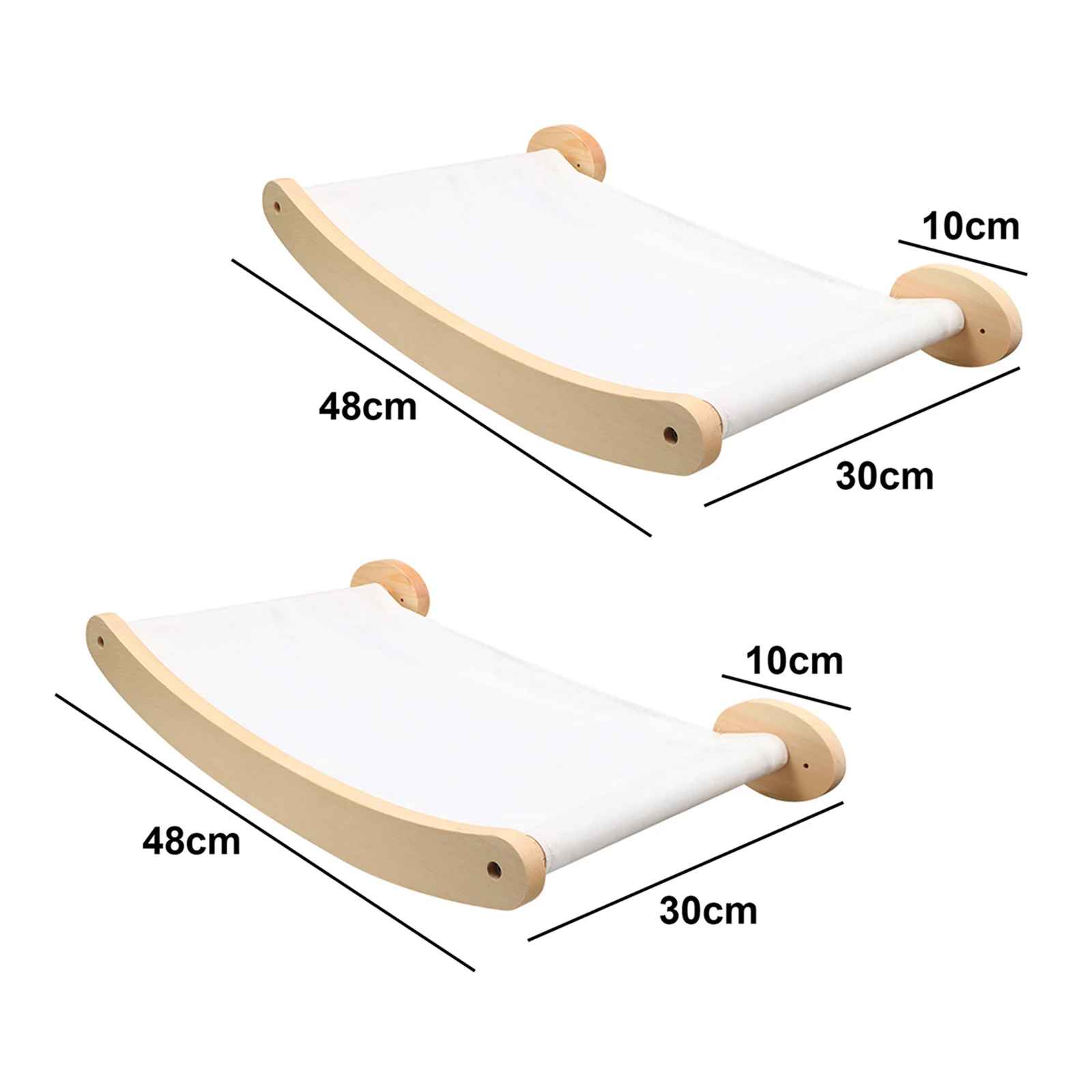 Hamac mural pour chat en bois avec toile tendue et dimensions indiquées pour la fixation
