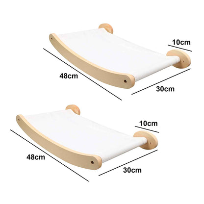 Hamac mural pour chat en bois avec toile tendue et dimensions indiquées pour la fixation
