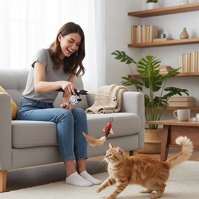 Femme jouant avec un chat roux avec une canne à pêche interactive