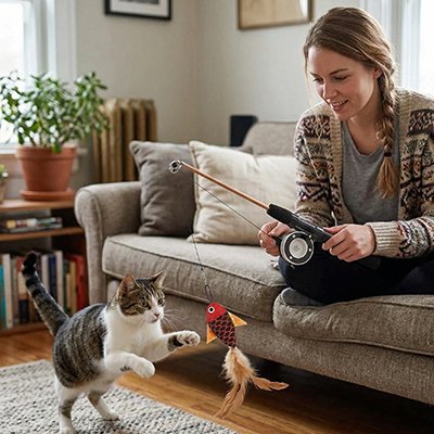 Femme jouant avec son chat tigré avec une canne à pêche