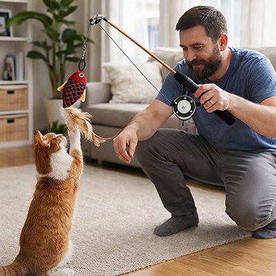 Homme jouant avec son chat avec une canne à pêche interactive