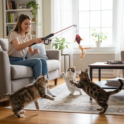 Femme jouant avec plusieurs chats avec une canne à pêche interactive