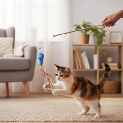 Chat jouant avec une canne à pêche pour chat et un poisson suspendu dans un salon
