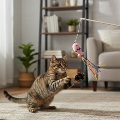 Chat jouant avec une canne à pêche pour chat et un poisson rose à rubans dans un salon
