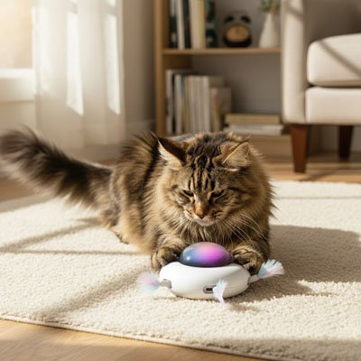 Chat à poils longs jouant avec un jouet interactif