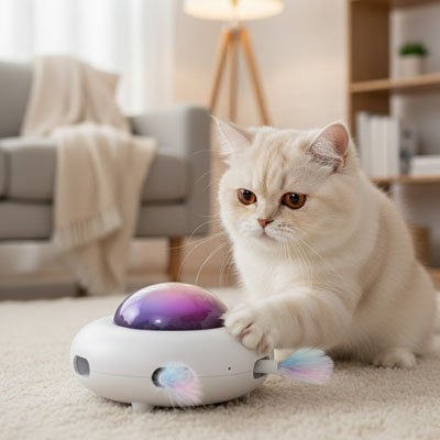 Chat blanc jouant avec un jouet interactif