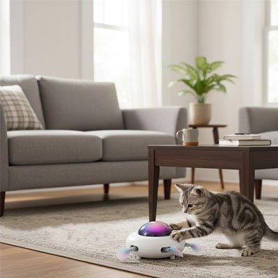 Chat jouant avec un jouet interactif dans un salon