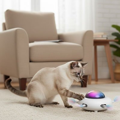 Chat siamois jouant avec un jouet interactif