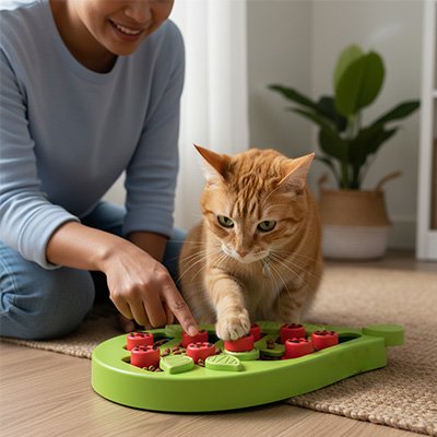 jouet chat interactif roux concentre bouton rouge