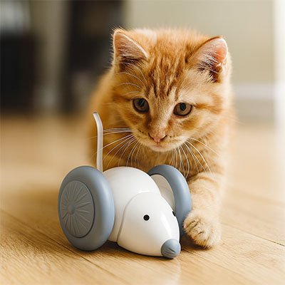 chaton jouant avec un jouet chat interactif en forme de souris