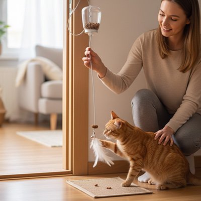 propriétaire utilisant un jouet interactif suspendu pour stimuler son chat
