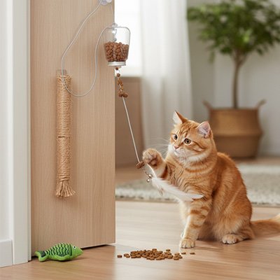 chat jouant avec un jouet interactif suspendu fixé à une porte