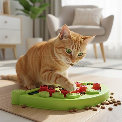 Chat utilisant un plateau anti glouton interactif vert pour chat
