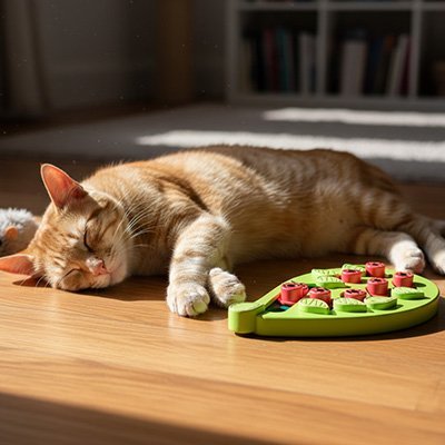 Chat allongé près d’un plateau anti glouton interactif pour chat
