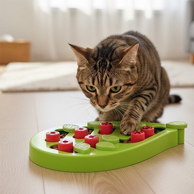 Chat jouant avec un plateau anti glouton interactif vert vu de dessus
